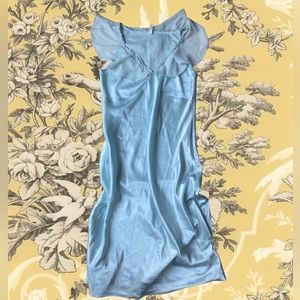 Vintage satin full length slip dress with a romantic mesh scallop collar.